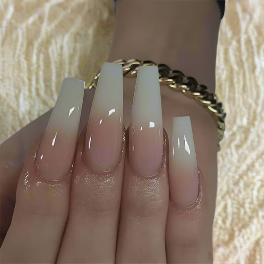 12 Long coffin shape Ombre Nude Pink white press on nails