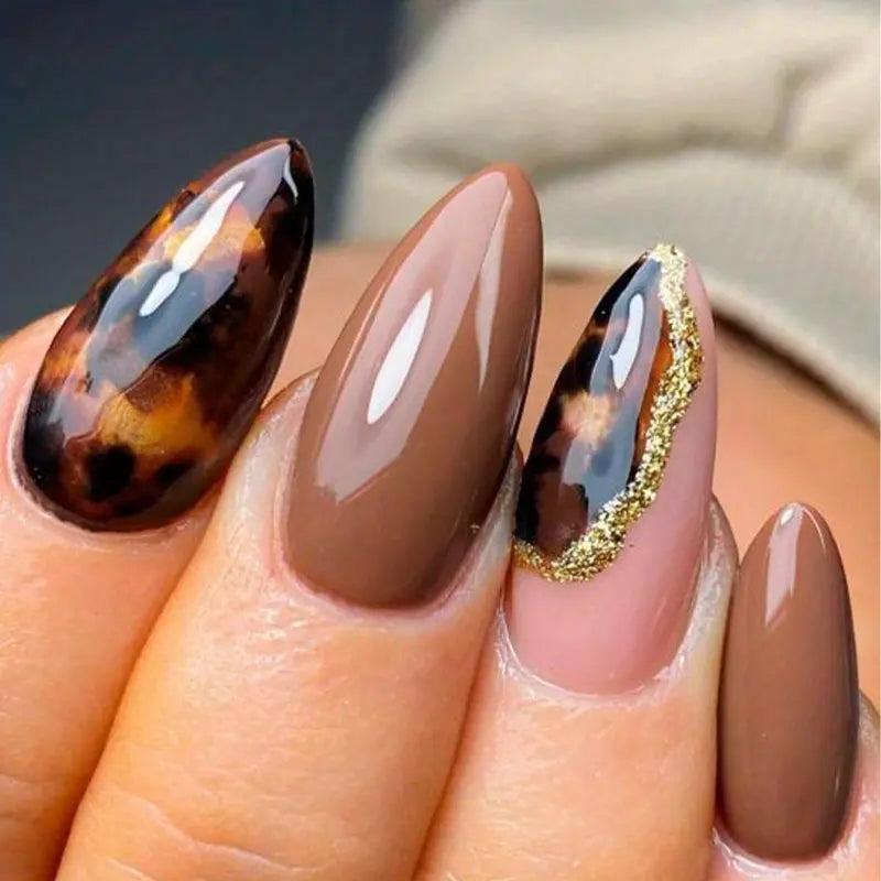 Brown Marble almond shape 12pcs False Nails