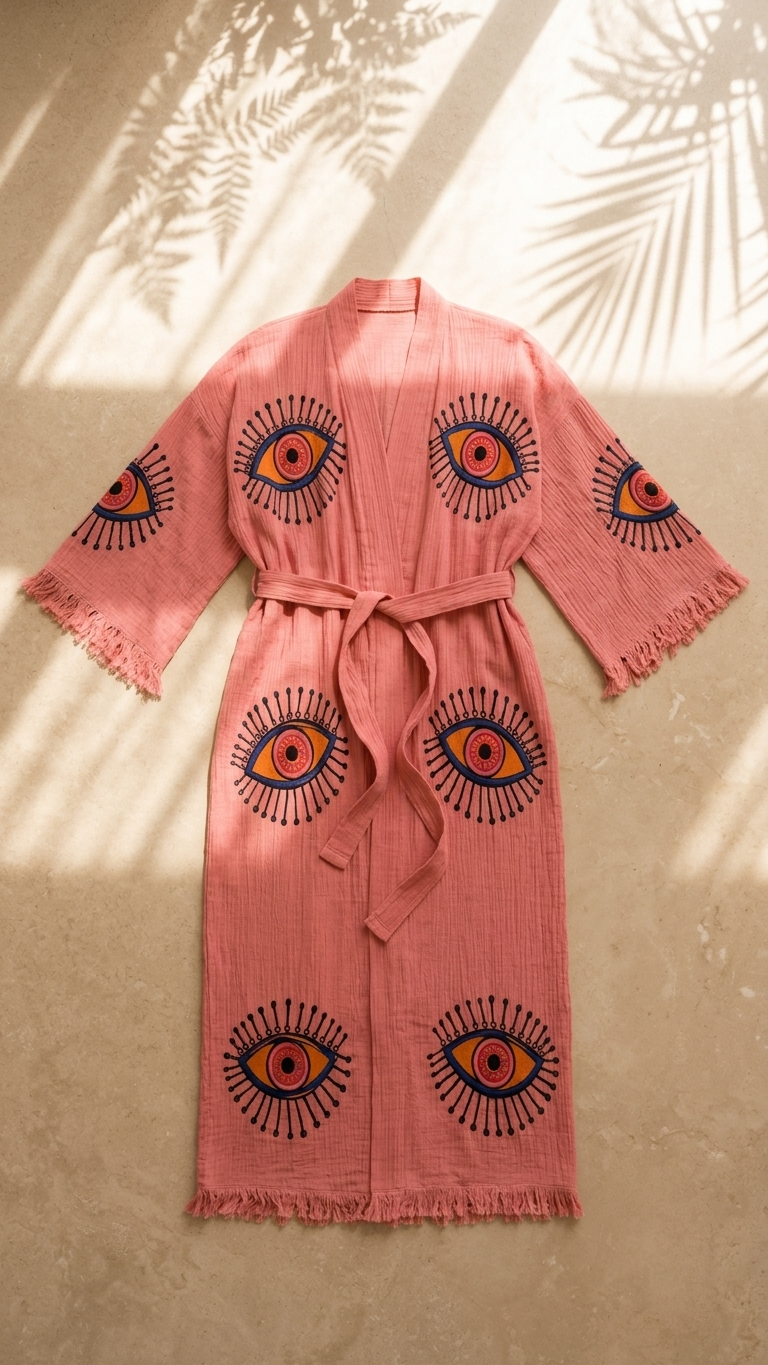 Pink Cotton Rove, Evil Eye Kimono, Boho Cotton Robe