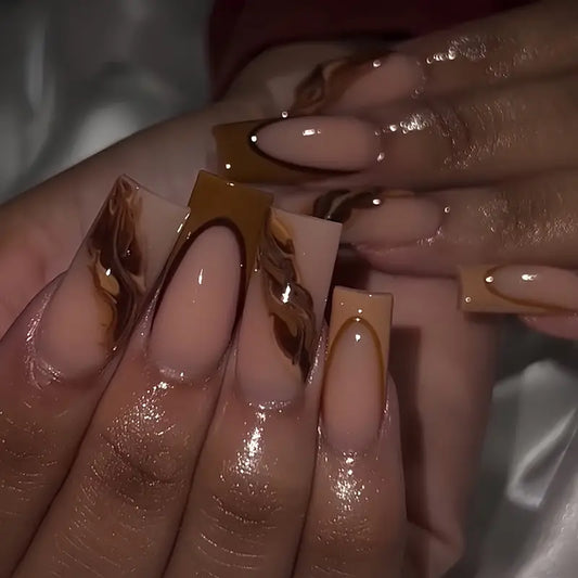 12pcs Luxe Coffee Brown  Nails Set - Medium Square