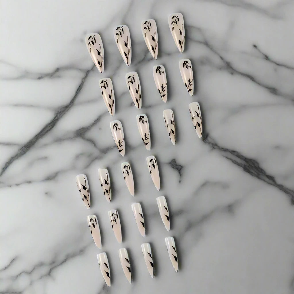 24pcs Black leaf Glossy Long Stiletto Press On