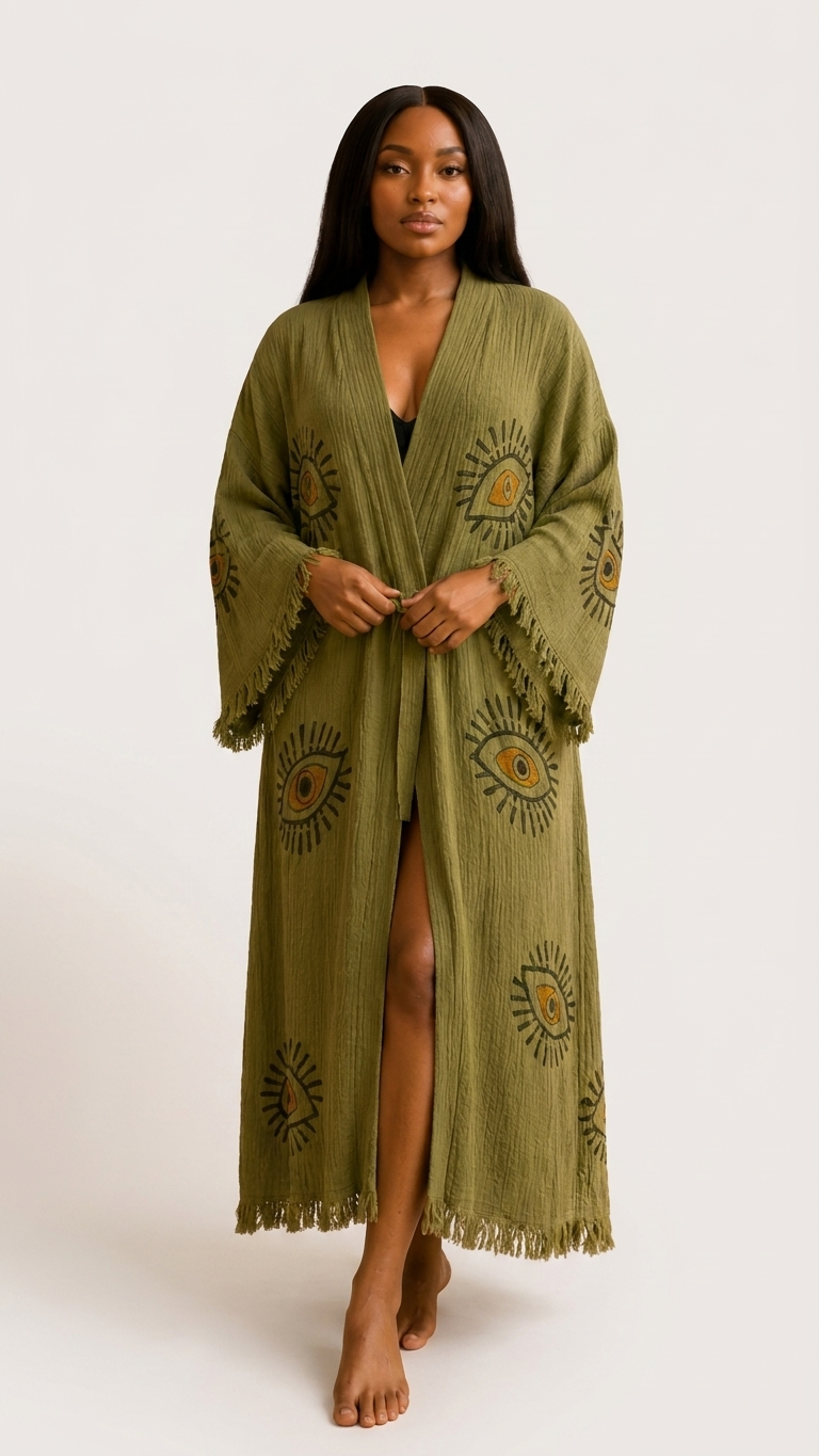 Green Evil Eye Kimono, Luxury Robe, Turkish Cotton Robe