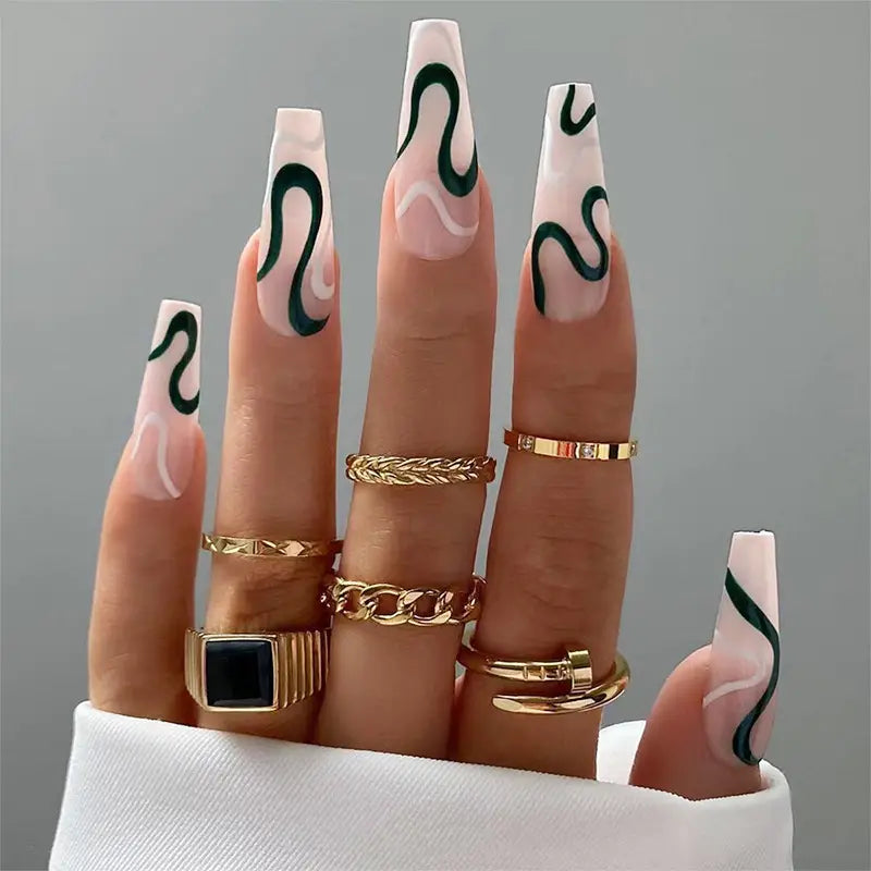 12pcs Nails long Coffin Pink And Green swirl design