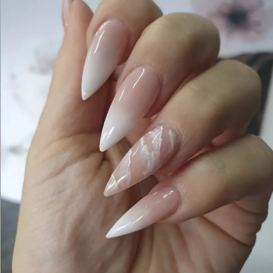 24 Pcs Press On Nails Long Stiletto French Fake Nails White Gradient
