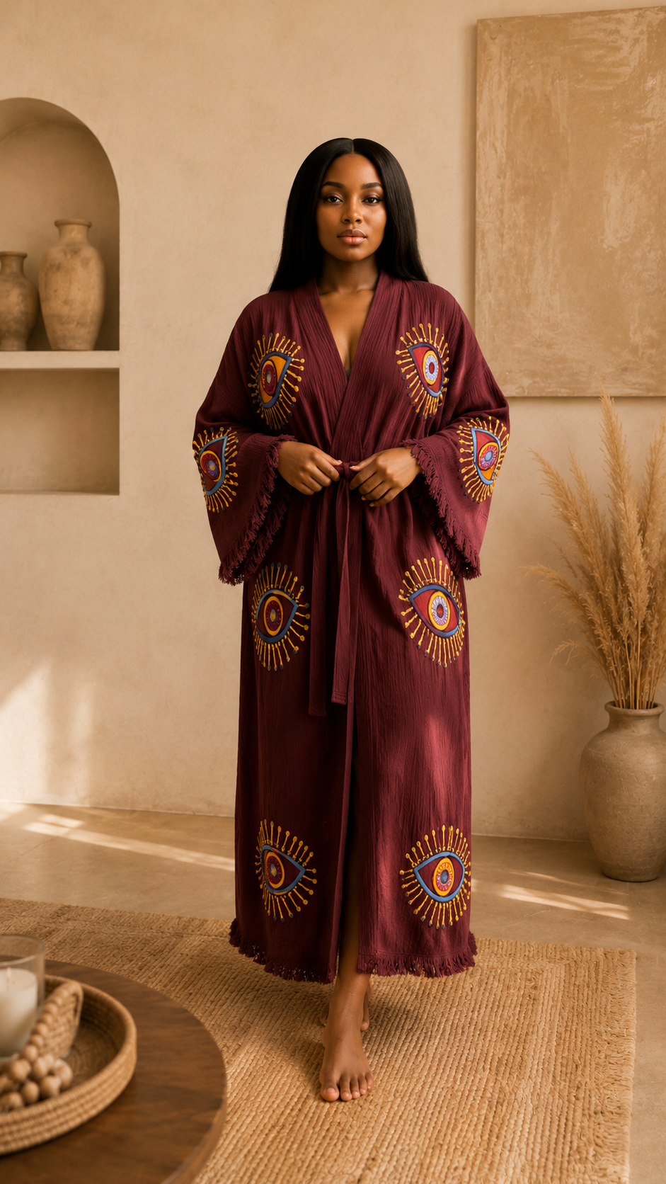 Long Evil Eye Kimono, Organic Cotton Kimono, Kaftan Kimono
