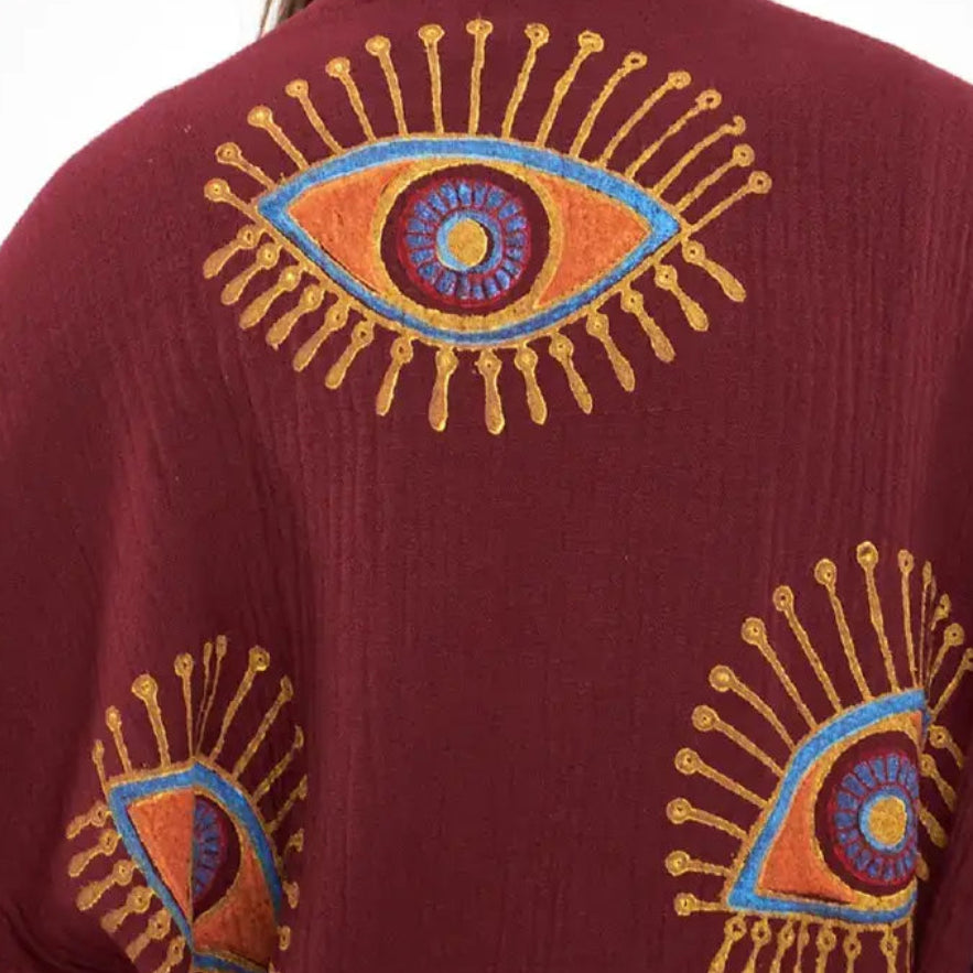 Long Evil Eye Kimono, Organic Cotton Kimono, Kaftan Kimono