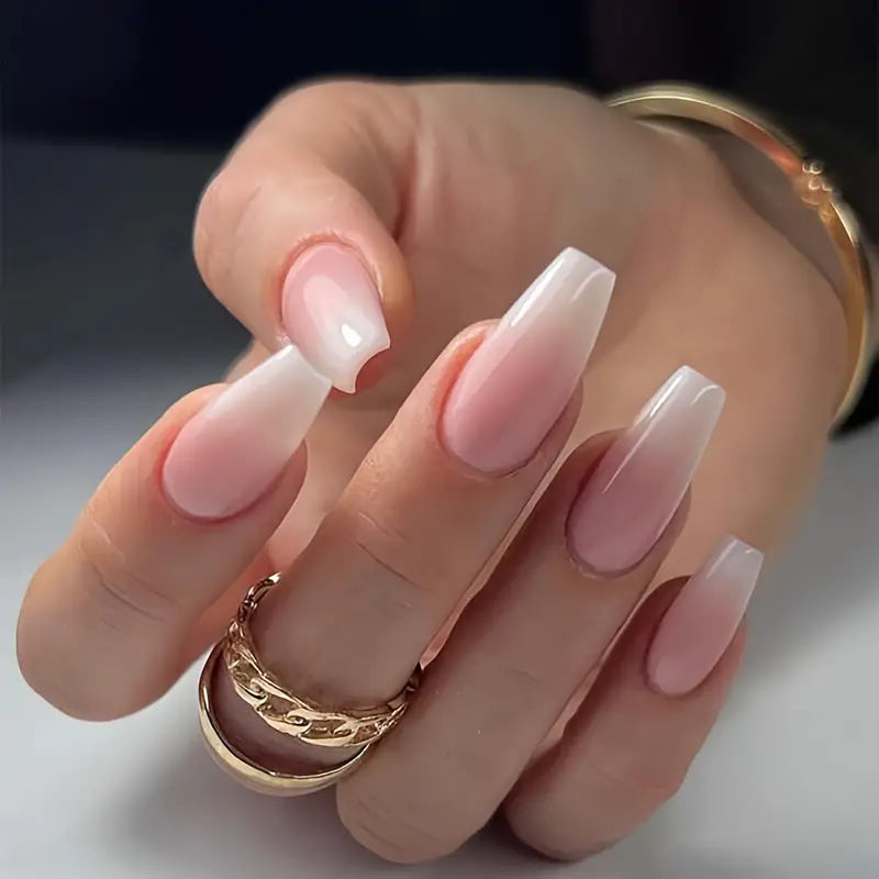 Glossy Long Coffin False Nails, White Pinkish Gradient 12pcs