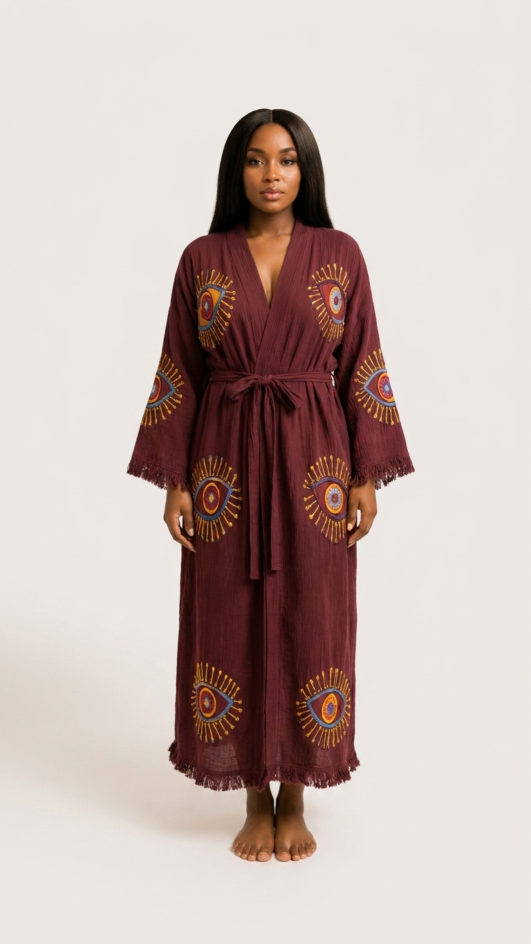 Long Evil Eye Kimono, Organic Cotton Kimono, Kaftan Kimono