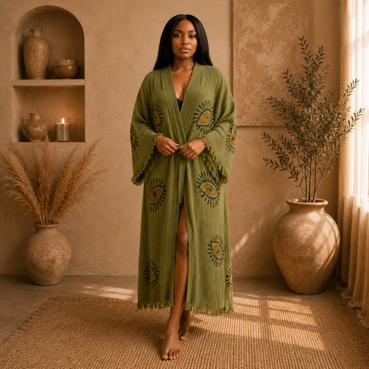 Green Evil Eye Kimono, Luxury Robe, Turkish Cotton Robe