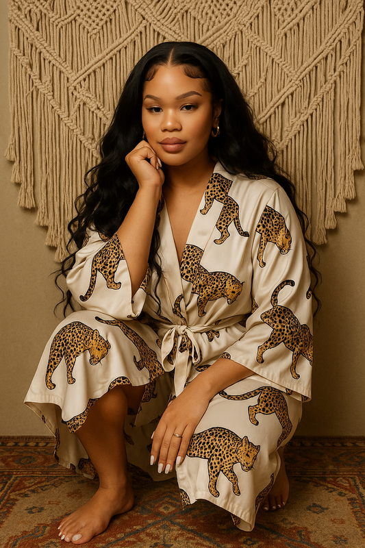 Leopard Print Women's  V-Neck Tie Robe