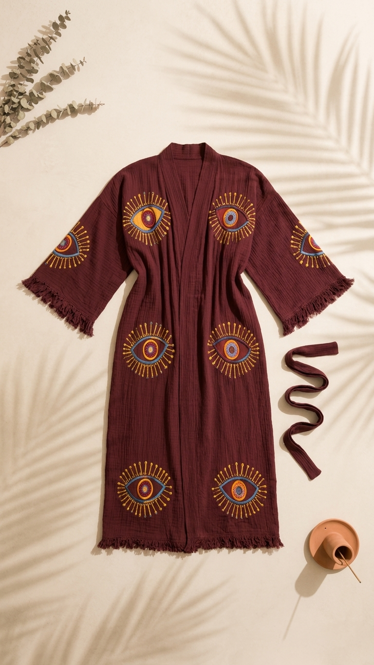 Long Evil Eye Kimono, Organic Cotton Kimono, Kaftan Kimono