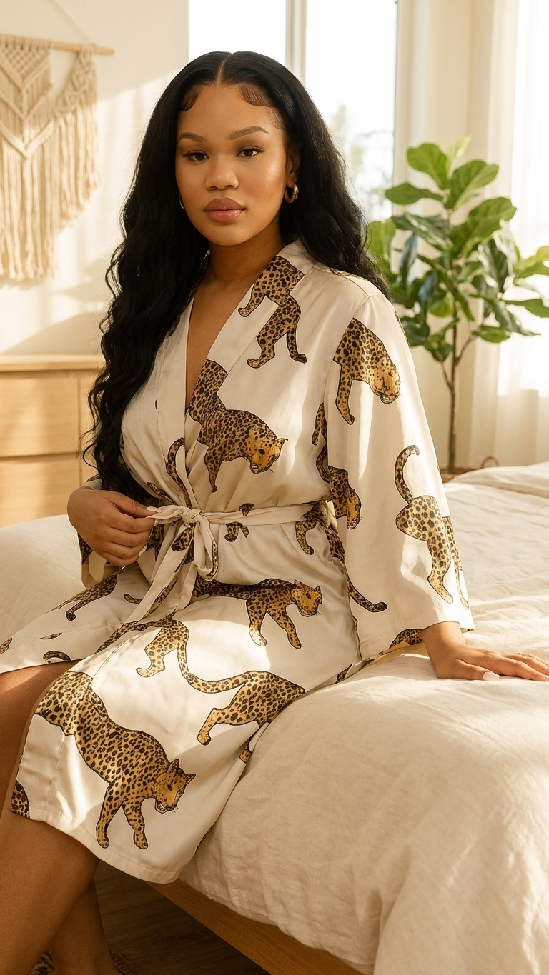Leopard Print Women's  V-Neck Tie Robe