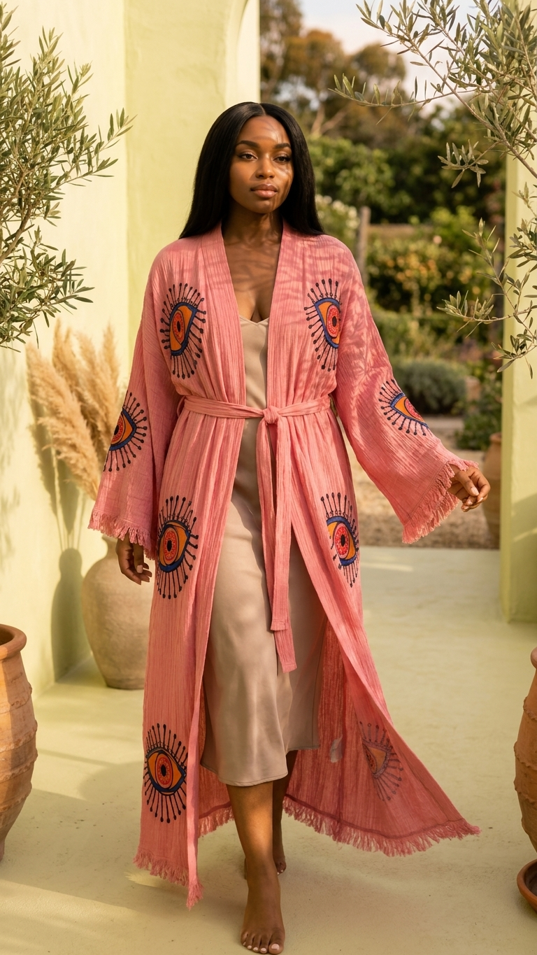 Pink Cotton Rove, Evil Eye Kimono, Boho Cotton Robe
