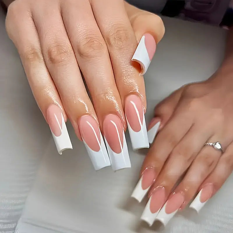 White French tip Press On Long Nails 12pcs