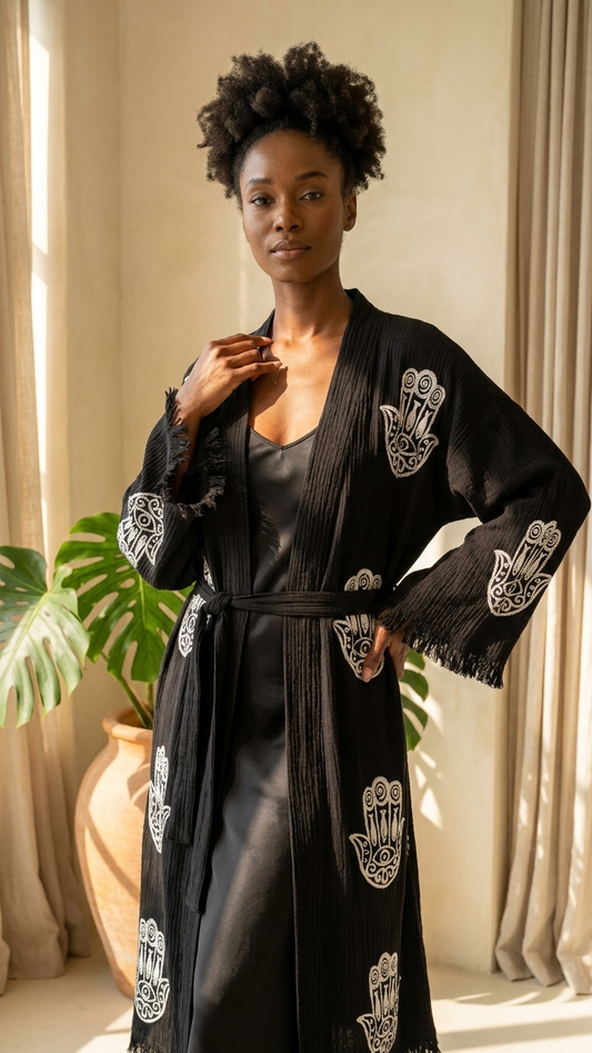 Hamsa Hand Cotton Kimono, %100 Cotton Kimono