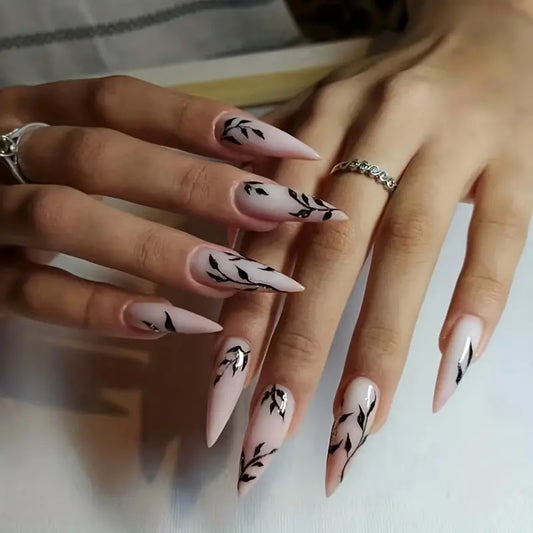 24pcs Black leaf Glossy Long Stiletto Press On