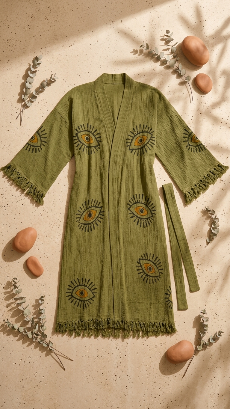 Green Evil Eye Kimono, Luxury Robe, Turkish Cotton Robe
